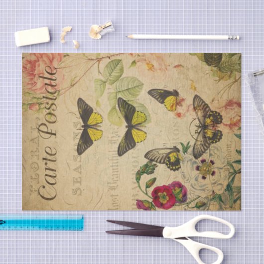 Ephemera French Postcard Butterflies Decoupage Seidenpapier (Handwerk)