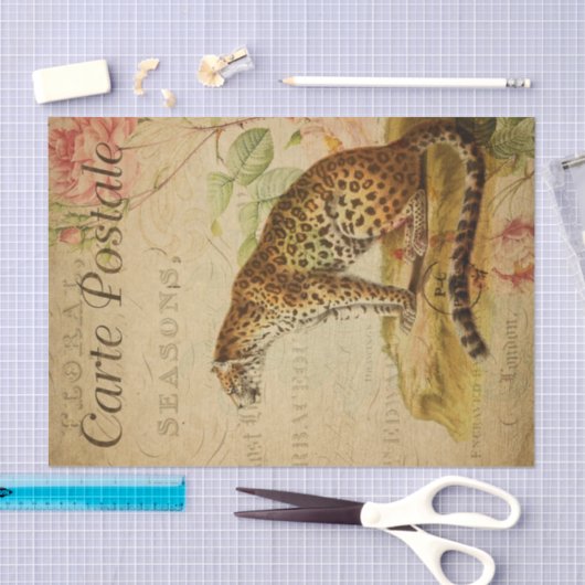 Ephemera French Postcard Leopard Decoupage Seidenpapier (Handwerk)