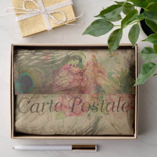 Ephemera French Postcard Peacock Feather Decoupage Seidenpapier (Geschenk)