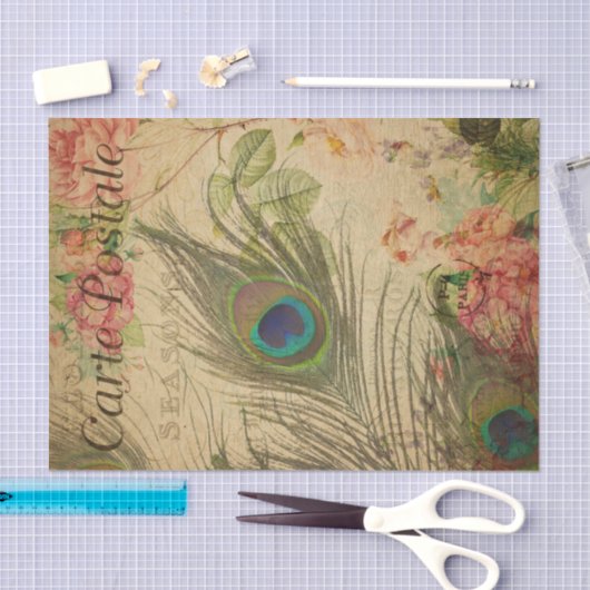 Ephemera French Postcard Peacock Feather Decoupage Seidenpapier (Handwerk)