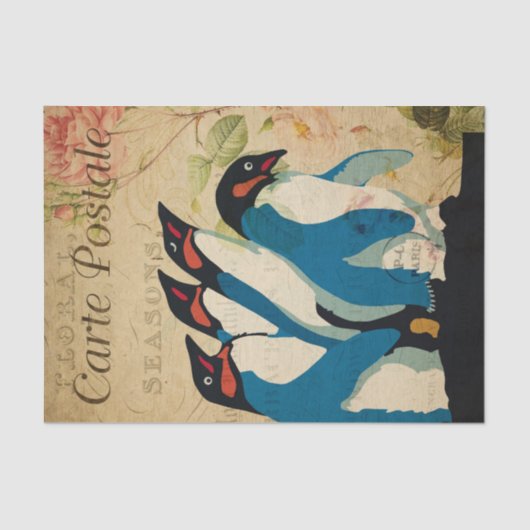 Ephemera French Postcard Pinguins Floral Decoupage Seidenpapier (Vorderseite)