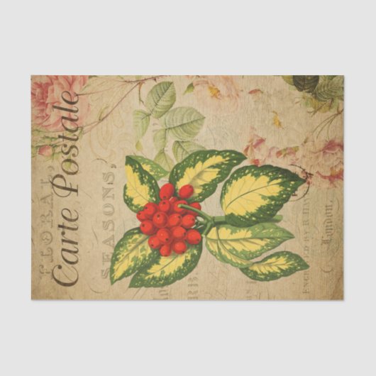Ephemera French Postcard Red Berries Decoupage Seidenpapier (Vorderseite)