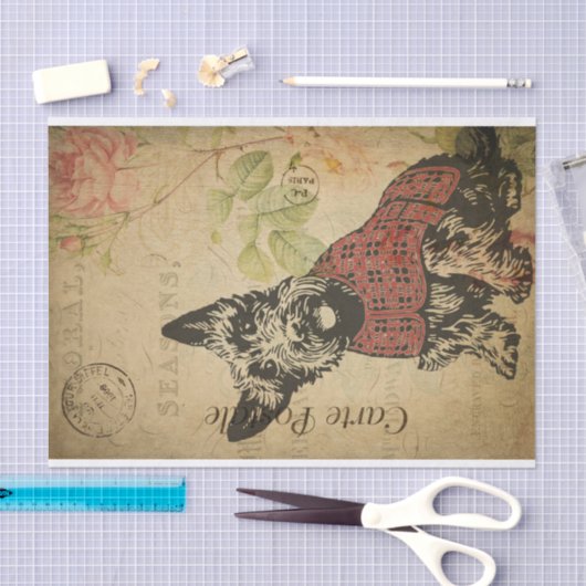 Ephemera French Postcard Terrier Dog Decoupage Seidenpapier (Handwerk)