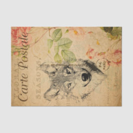 Ephemera French Postcard Wolf Floral Decoupage Seidenpapier