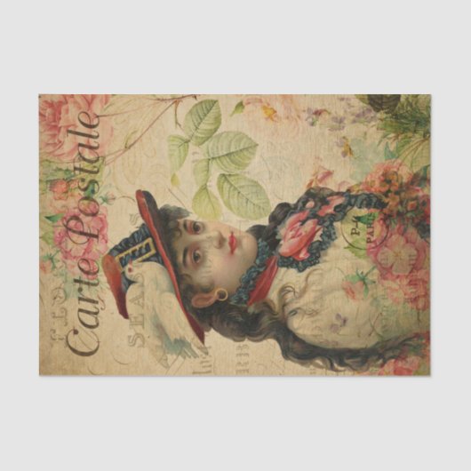 Ephemera French Postcard Women Floral Decoupage Seidenpapier (Vorderseite)