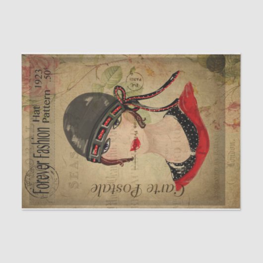 Ephemera French Postcard Women with Hat Decoupage Seidenpapier (Vorderseite)