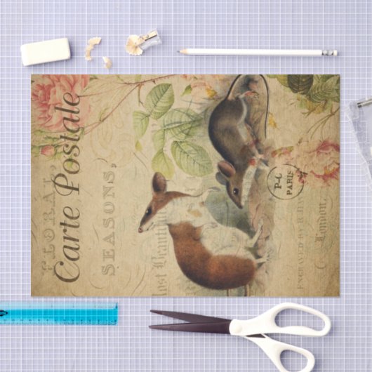Ephemera French Postcard Wood Mouse Decoupage Seidenpapier (Handwerk)
