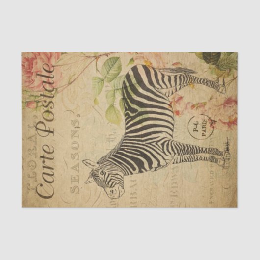 Ephemera French Postcard Zebra Pink Rose Decoupage Seidenpapier (Vorderseite)