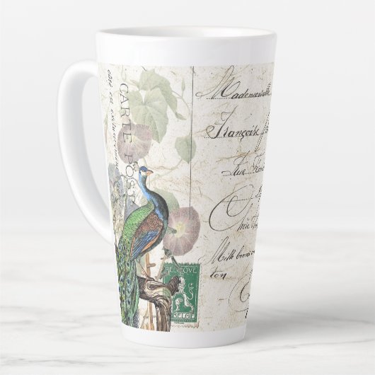 Ephemera Peacock Bird Blume Latte Tasse (Linke Ecke)