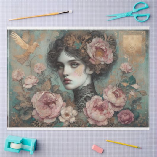 Ephemera Viktorianisch Lady, Rose, Blumendekoupage Seidenpapier (Basteln)