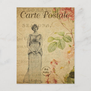 Ephemera Vintage französische Frau Pink Roses Flor Postkarte