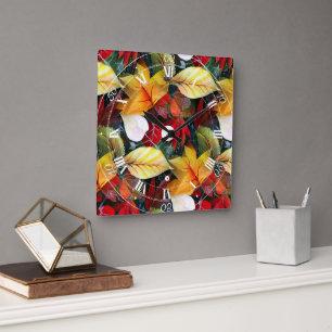 Ephemeride Herbstblätter in Watercolor Vivid Bold Quadratische Wanduhr