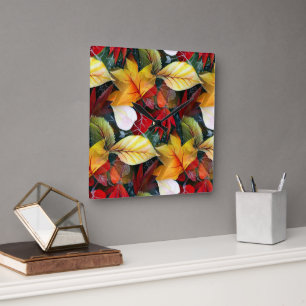 Ephemeride Herbstblätter in Watercolor Vivid Bold Quadratische Wanduhr