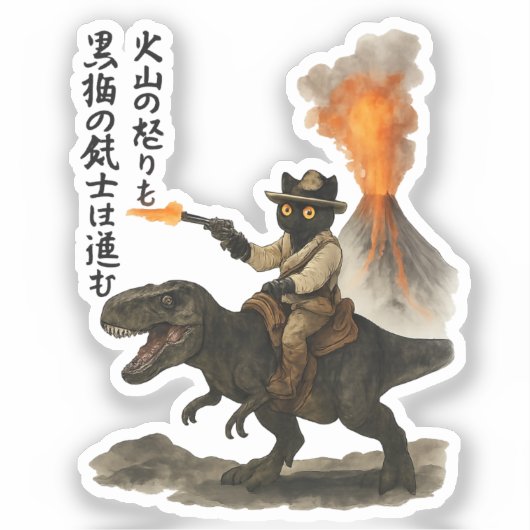 Epic Black Cat Cowboy Riding Dinosaur with Volcano Aufkleber (Vorderseite)