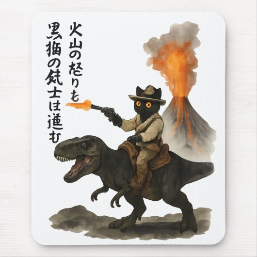 Epic Black Cat Cowboy Riding Dinosaur with Volcano Mousepad (Vorne)