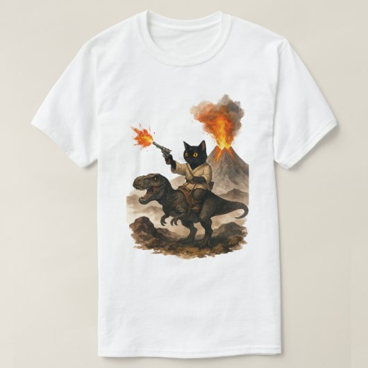 Epic Black Cat Cowboy Riding Dinosaurier mit Vulka T-Shirt (Design vorne)