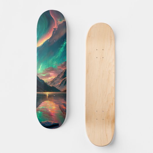 Epic Green Sky und Mountains mit Aurora Borealis Skateboard (Vorderseite)