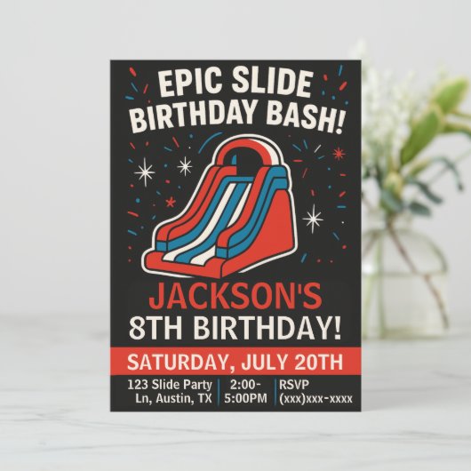 Epic Inflatable Slide Birthday Party Invitation Einladung (Stehend Vorderseite)