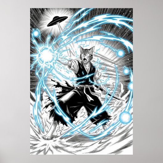Epic Manga Style Cat Warrior Energy Blast UFO Poster (Vorne)