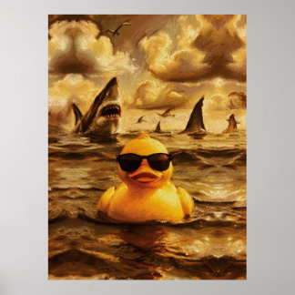 Epic Shark Attack with Brave Rubber Duck Poster