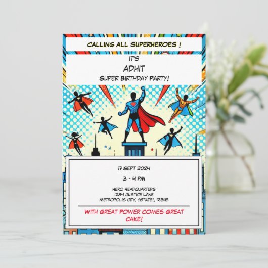 Epic Superhero Geburtstagsparty Einladung (Stehend Vorderseite)