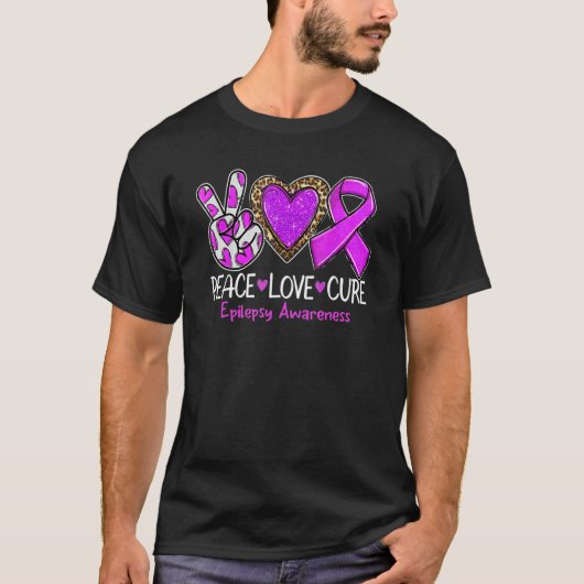Epilepsy Awareness Peace Love Cure Purple Ribbon L T-Shirt (Vorderseite)