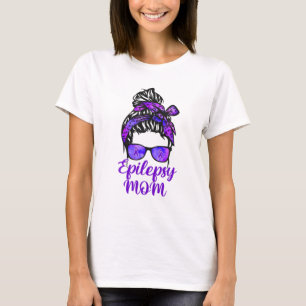 Epilepsy Mama Messy Bun Hair Glasses Bandana Lila T-Shirt