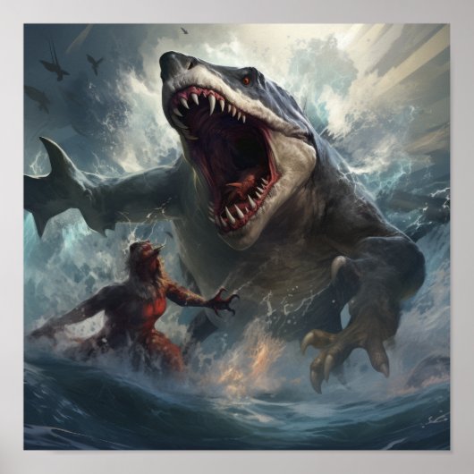Epische Schlacht von Megalodon gegen T-Rex Poster  (Vorne)