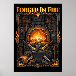 Epische Schmiede Esse Amboss und Schwerter Fantasy Poster