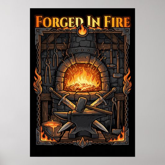 Epische Schmiede Esse Amboss und Schwerter Fantasy Poster (Vorne)