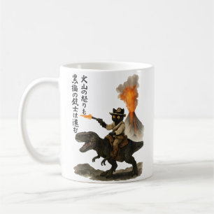 Epische schwarze Katzen-Cowboy-Reitdinosaurier mit Kaffeetasse