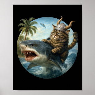 Epische Wikinger-Katze surft auf Hai-Quirky-Katze- Poster