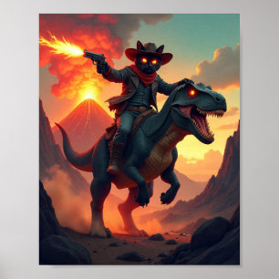Epischer Cowboy-Kater reitet auf Dinosaurier Fan Poster