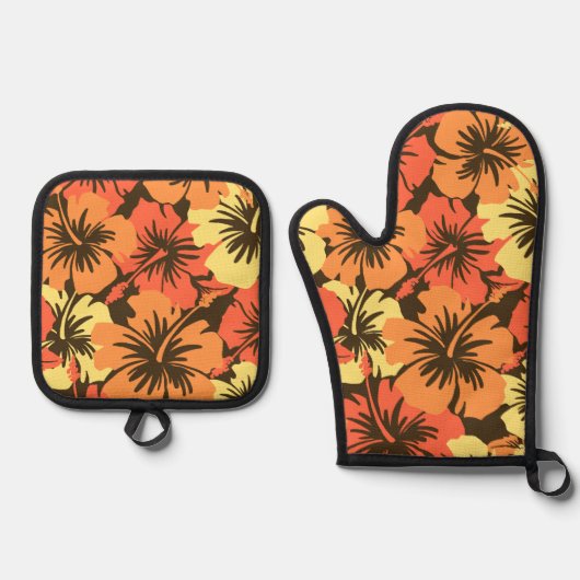 Epischer Hibiskus Hawaiian Floral Aloha Orange Ofenhandschuh & Topflappen-Set (Vorderseite)