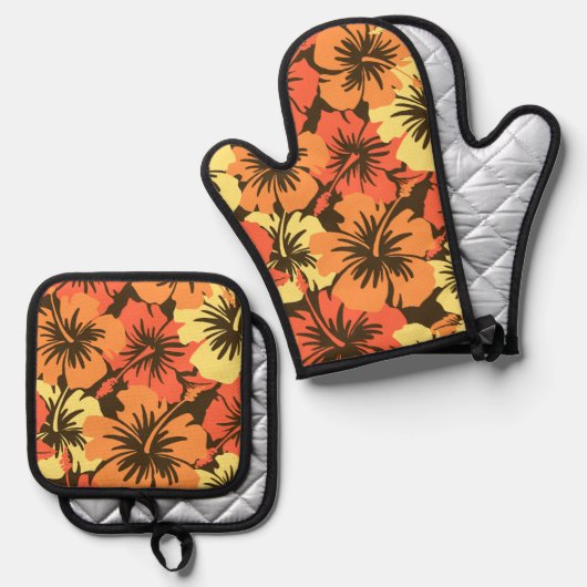 Epischer Hibiskus Hawaiian Floral Aloha Orange Ofenhandschuh & Topflappen-Set (Vorderseite/Rückseite)