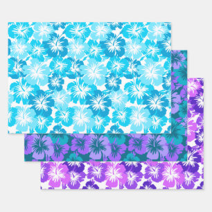 Epischer Hibiskus Hawaiian Floral Trio- Turq & Lil Geschenkpapier Set