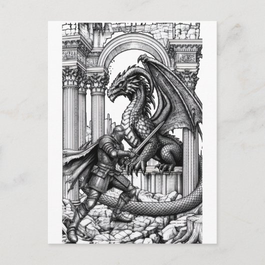 Epischer Ritter vs. Drache Fantasy Postkarte (Vorderseite)