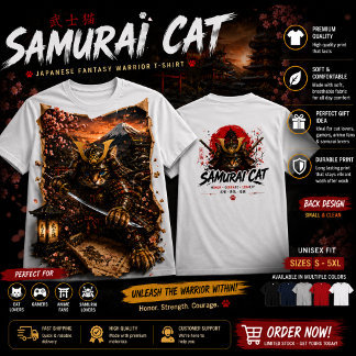 Epischer Samurai-Katzenkrieger Japanischer Fantasy T-Shirt