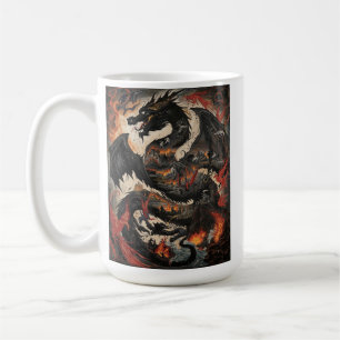 Epischer schwarzer Drache über brennender Burg Fan Kaffeetasse