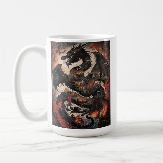Epischer schwarzer Drache über brennender Burg Fan Kaffeetasse (Links)