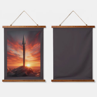 Epischer Speer in einer mystischen Sonnenuntergang Wandteppich Mit Holzrahmen