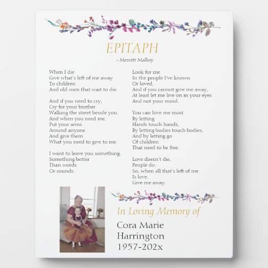 Epitaph Gedicht Custom Memorial Tabletop Fotoplatte (Vorderseite)