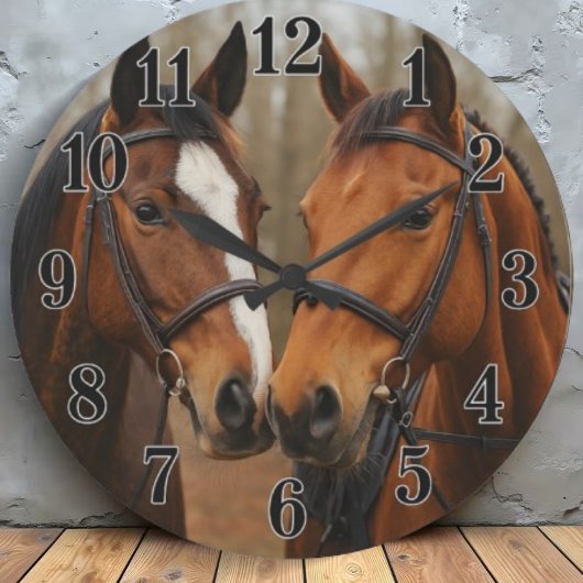 Equestrian pair of horses rustic countryside style große wanduhr