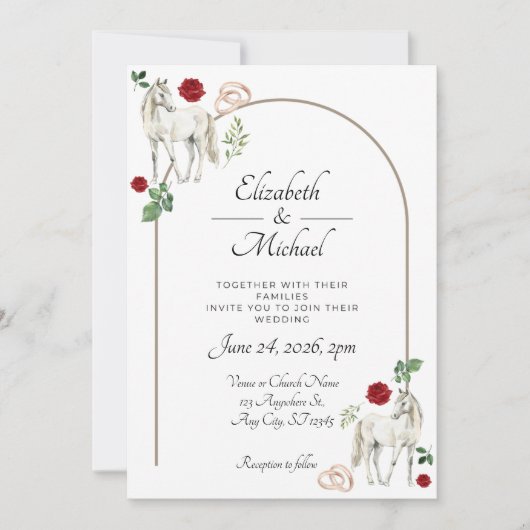 Equestrian Red Floral Rustic Wedding Einladung (Vorderseite)
