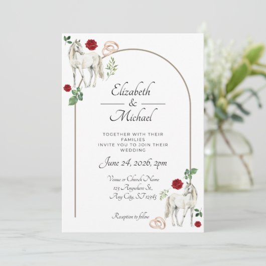 Equestrian Red Floral Rustic Wedding Einladung (Stehend Vorderseite)