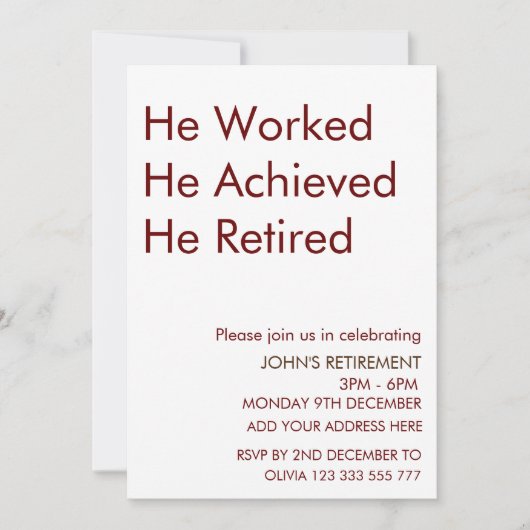 Er arbeitete, er errang die Rente nach Maß Einladung (Vorderseite)