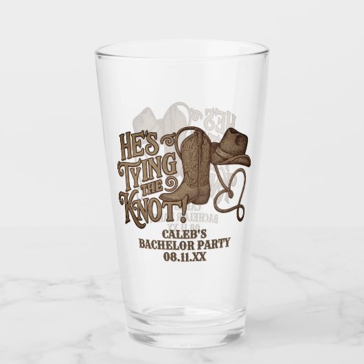 Er bindet die Knot Fun Cowboy Bachelor Party Glas (Vorderseite)