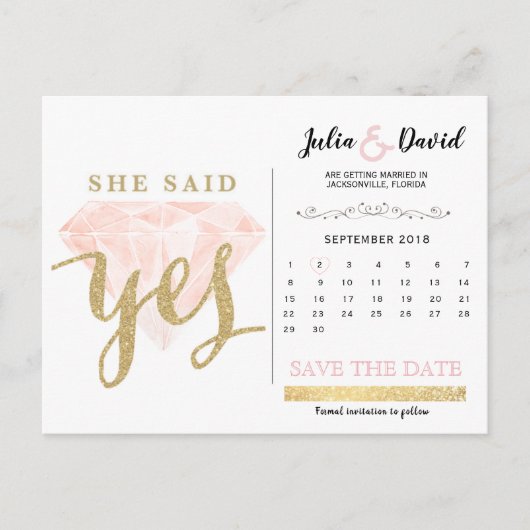 Er fragte, sagte ja, goldener Funken und rosa Diam Postkarte (Vorderseite)