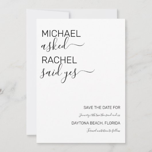 Er Fragte, sie sagte Ja, einfache Schwarze Hochzei Save The Date (Vorderseite)