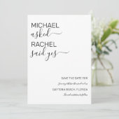 Er Fragte, sie sagte Ja, einfache Schwarze Hochzei Save The Date (Stehend Vorderseite)